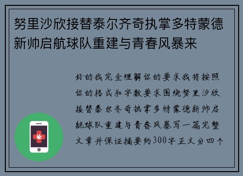 努里沙欣接替泰尔齐奇执掌多特蒙德新帅启航球队重建与青春风暴来