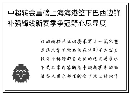 中超转会重磅上海海港签下巴西边锋补强锋线新赛季争冠野心尽显度